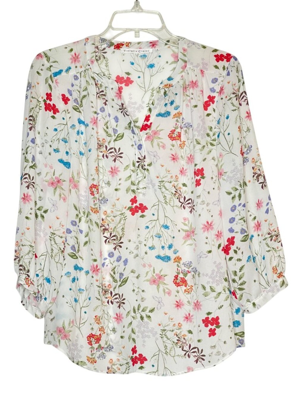 Violet + Claire Tunic Blouse Multicolor Floral 3/4 Sleeves V-Neck Placket Size S